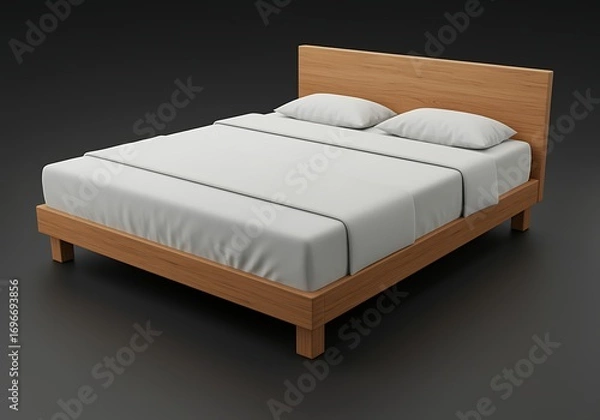 Obraz Modern Wooden Bed Frame with White Linens and Pillows Minimalist Bedroom Design