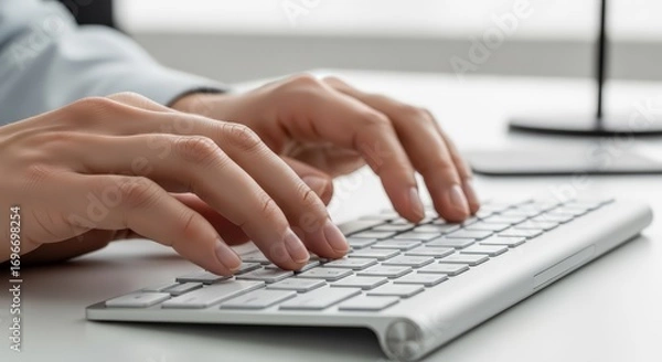 Fototapeta Focused professional typing on a modern keyboard, capturing the essence of productivity and digital