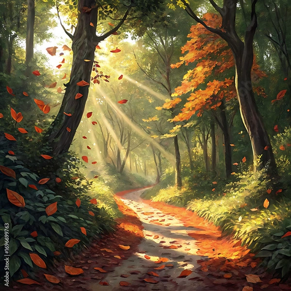 Fototapeta Tranquil forest path glowing under sunlight with cascading orange fall leaves, Ai Generated