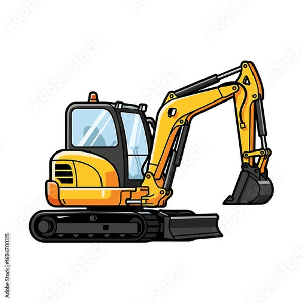 Obraz Cartoon illustration of a yellow compact excavator, side view, with detailed features.