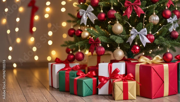 Fototapeta Christmas tree with red and gold ornaments and festive gift boxes wrapped in colorful paper and ribbons under warm decorative lights