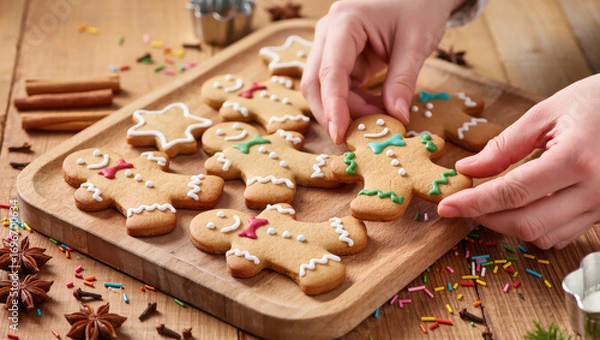 Fototapeta Christmas gingerbread cookies shaped like men with colorful icing decorations on wooden tray, hands picking up one cookie