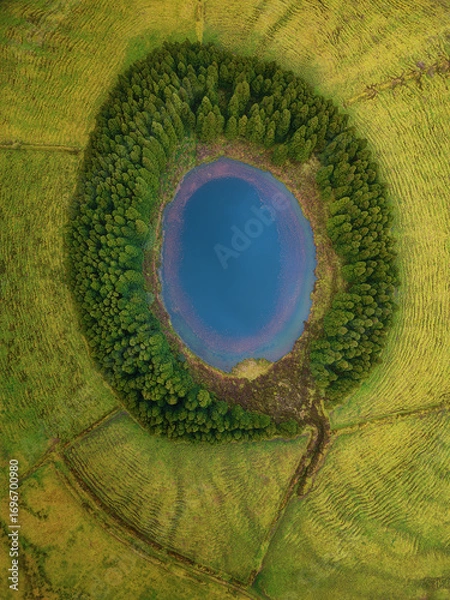 Obraz Panoramic Aerial Drone View of Volcanic Lake do Pau Pique – Azores Scenic Landscape