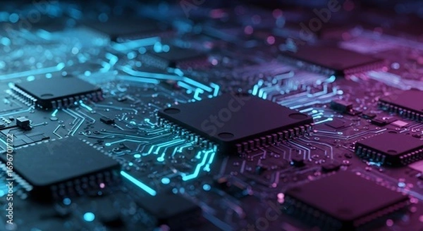 Fototapeta Futuristic circuit board glowing with neon elements creating technological abstract background in close-up view