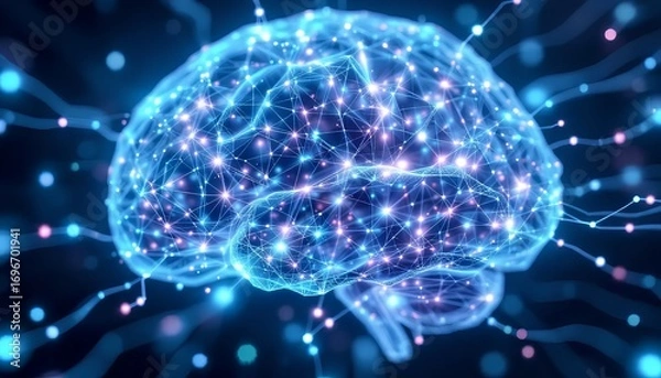 Fototapeta Abstract digital visualization of a glowing human brain, with intricate neural network connections, embodying advanced artificial intelligence and futuristic technology concepts