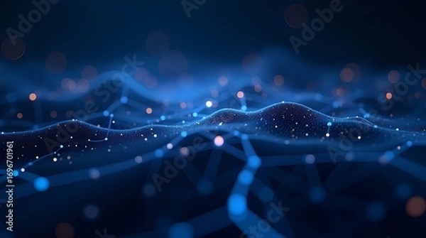 Fototapeta Futuristic digital landscape of glowing particles and interconnected nodes forming a wave, an abstract concept of AI neural networks