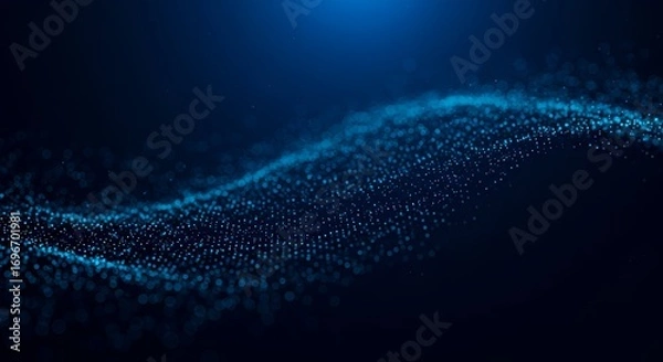 Fototapeta Futuristic technology background with a dynamic wave of glowing blue particles, symbolizing an AI neural network and big data flow