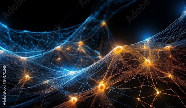 Fototapeta Abstract digital network with glowing nodes, representing data connections and the interconnected nature of information on a dark background