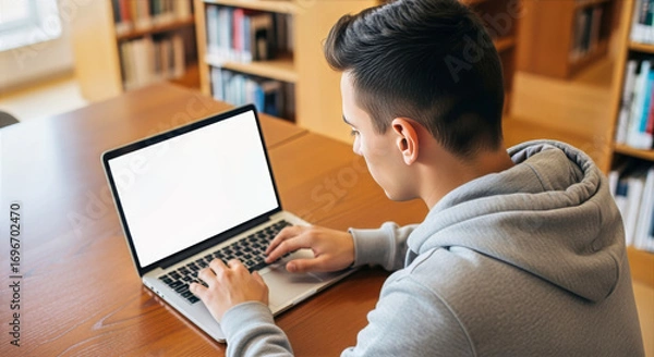 Obraz A young man working on a laptop with a blank screen in a library surrounded by bookshelves and wooden table