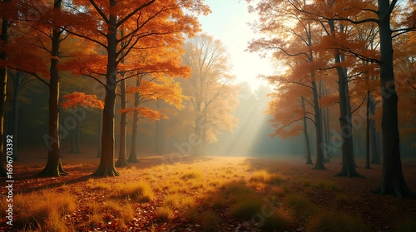 Fototapeta Golden hues of autumn sunlight pierce through a majestic forest, illuminating the fallen leaves and creating a serene, enchanting landscape