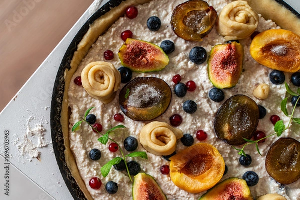 Fototapeta Raw tart or open summer pie with figs, prunes, apricots and blueberries is ready to bake in a round mold. Close-up. View from above. High quality photo