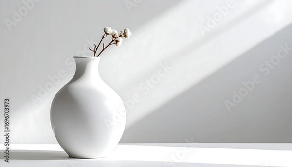 Fototapeta A simple, elegant white vase holds a delicate cotton branch against a backdrop of soft, diffused light.