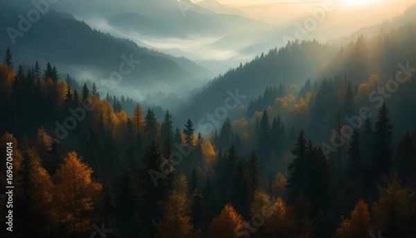 Fototapeta Enchanting Forest Valley A Tapestry of Autumn Hues Under a Soft, Sun-Kissed Sky in a Mountainous Landscape
