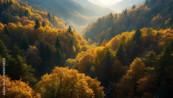 Fototapeta Golden hues of autumn trees paint a majestic valley, illuminated by the soft glow of sunlight filtering through the misty mountain air, creating a breathtaking natural spectacle