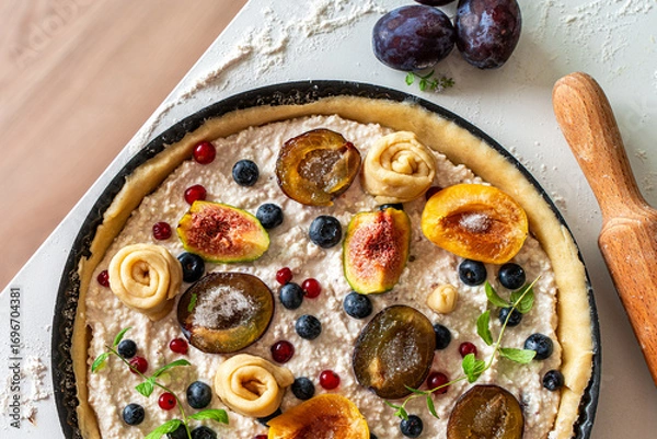 Fototapeta Raw tart or open summer pie with figs, prunes, apricots and blueberries is ready to bake in a round mold. Close-up. View from above. High quality photo
