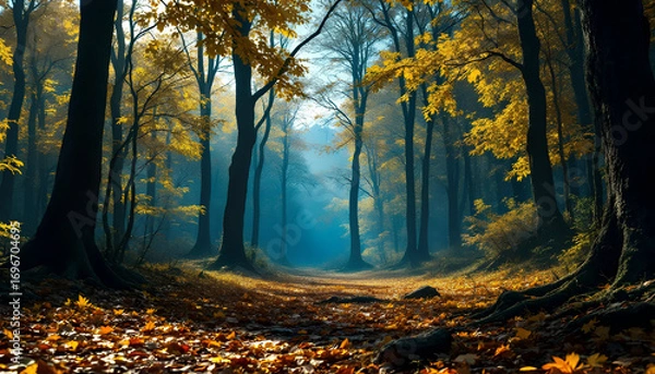 Fototapeta Golden autumn forest path bathed in mystical soft light, creating an enchanting and serene woodland atmosphere with fallen leaves carpeting the ground