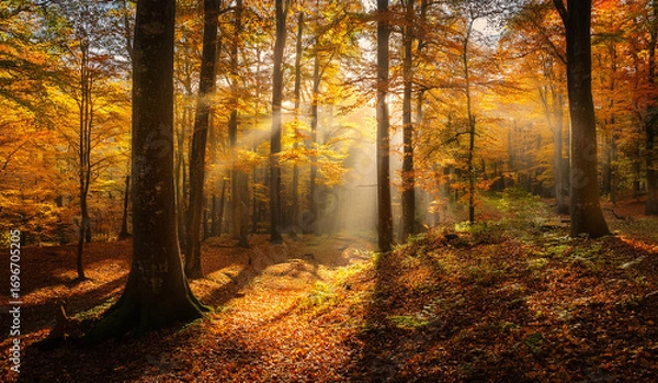 Fototapeta Sunbeams filter through the golden canopy of an autumn forest, illuminating fallen leaves carpeting the woodland floor in a breathtaking display of natural beauty