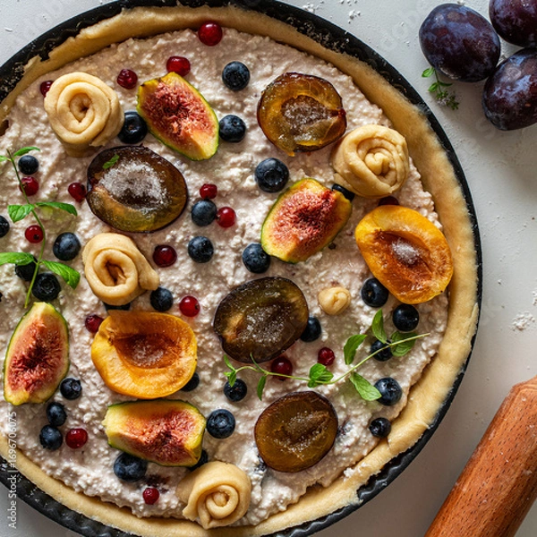 Fototapeta Raw tart or open summer pie with figs, prunes, apricots and blueberries is ready to bake in a round mold. Close-up. View from above. High quality photo