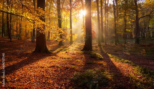 Fototapeta Golden autumn forest bathed in ethereal sunlight, casting long, dramatic shadows and illuminating the vibrant foliage with a warm, serene glow, creating a picturesque natural landscape