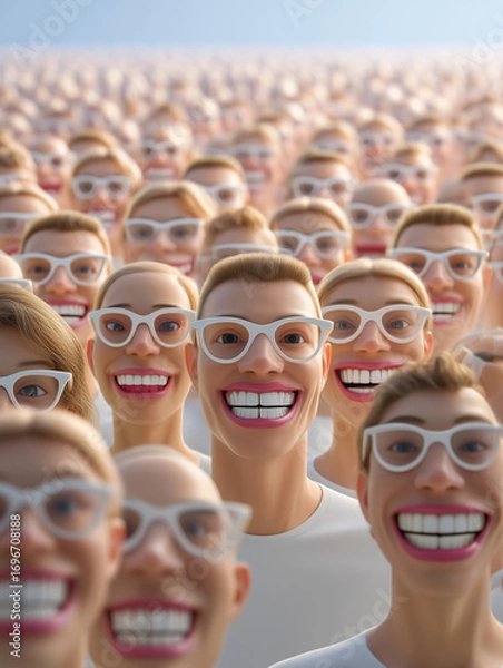 Fototapeta Crowd of identical smiling faces with glasses as social metaphor