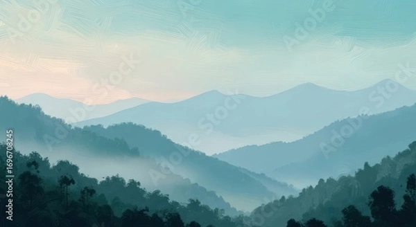 Fototapeta Illustration of misty mountains at sunrise with layers of blue hills and soft sky