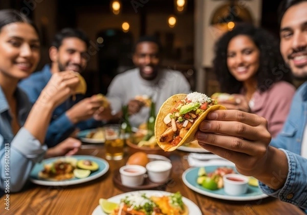 Obraz Friends enjoying delicious tacos and drinks at a lively restaurant