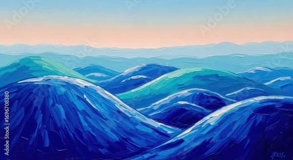 Fototapeta Illustration of abstract painting of rolling blue and green waves under a soft sky