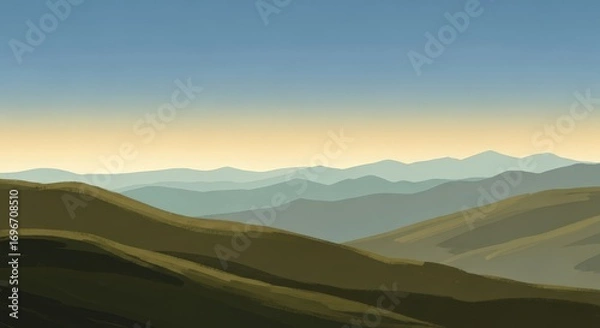 Fototapeta Illustration of rolling hills and distant mountains under a clear blue and yellow sky
