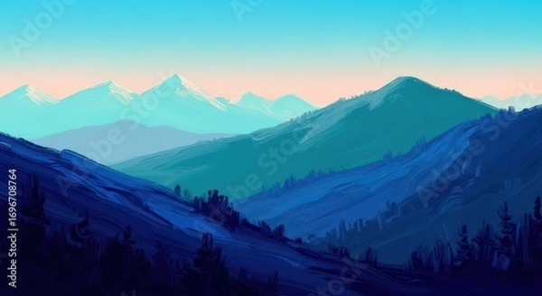 Fototapeta Illustration of vast mountain range with layers of blue and green hues under a clear sky
