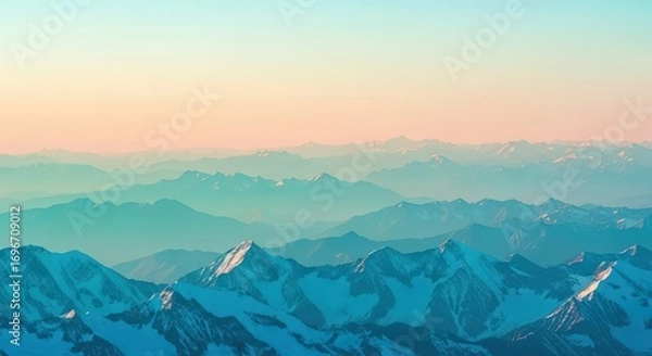 Fototapeta Illustration of layered mountain range at sunrise with soft pastel sky colors