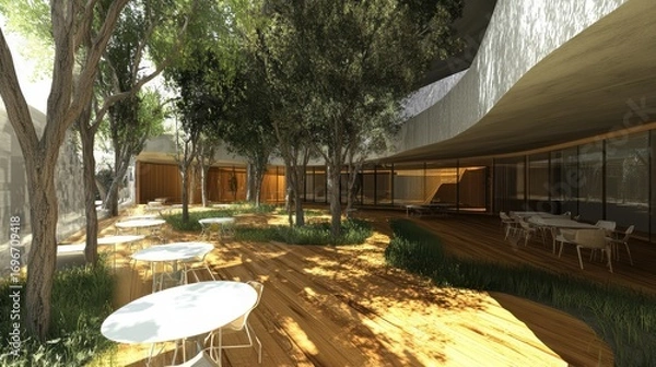 Fototapeta Serene Outdoor Architectural Space Surrounded by Lush Greenery