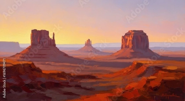 Fototapeta Illustration of monument valley at sunset with mesas and buttes in warm light