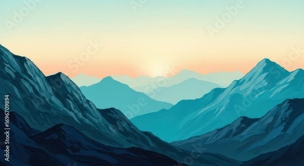 Fototapeta Illustration of majestic mountain range at sunrise with soft pastel sky