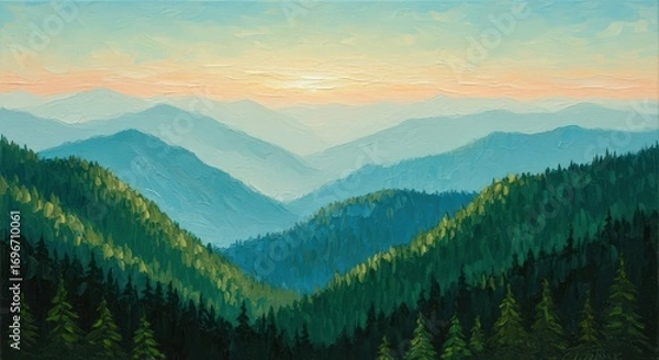 Fototapeta Illustration of hazy mountain range at sunrise with layers of green forest
