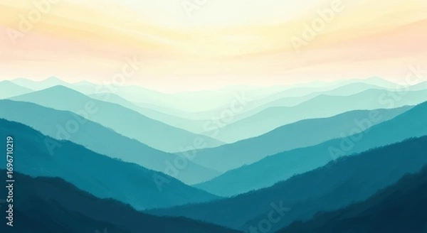 Fototapeta Illustration of layered mountain range fades into the distance with a soft sky