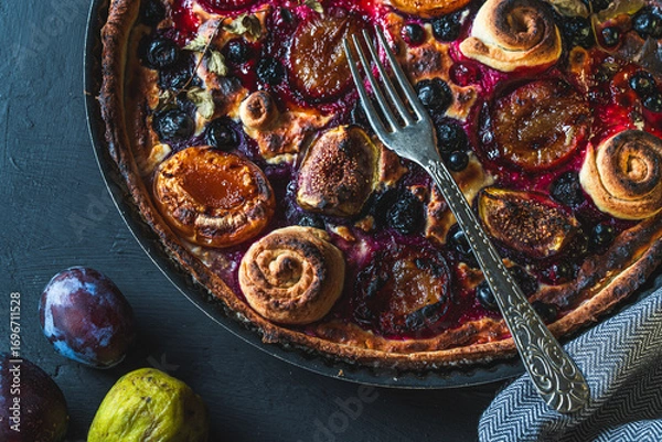 Fototapeta A tart or open pie with blueberries, figs, prunes and apricots in a baking dish on a gray background with a fork and napkin on the table. Top view. High quality photo