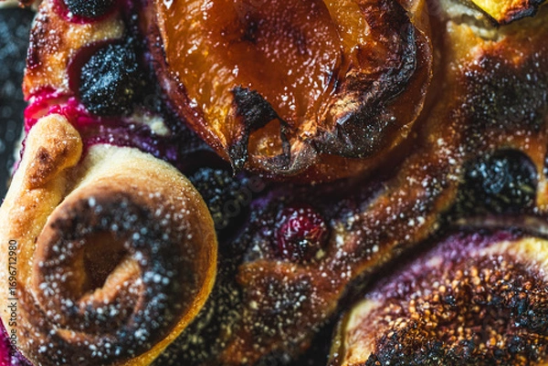 Fototapeta Background with the texture of sweet pie with apricot and figs. Close-up, top view. High quality photo