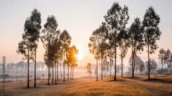 Fototapeta breathtaking forest dawn emerges through veil of mist casting magical atmosphere