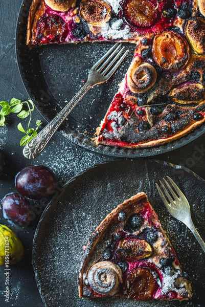 Fototapeta A delicious berry dessert, a piece of tart or an open sweet pie with figs, blueberries and apricots on a black plate. High quality photo