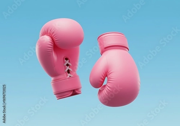 Obraz Pink boxing gloves floating against a clear blue background symbolizing breast cancer awareness month and fighting for a cure