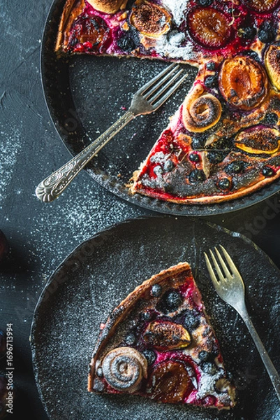 Fototapeta A delicious berry dessert, a piece of tart or an open sweet pie with figs, blueberries and apricots on a black plate. High quality photo