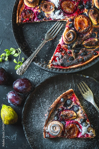Fototapeta A delicious berry dessert, a piece of tart or an open sweet pie with figs, blueberries and apricots on a black plate. High quality photo