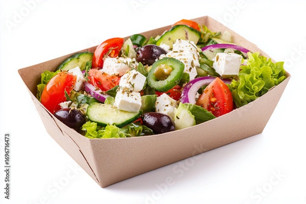 Fototapeta A fresh Greek-style salad with cherry tomatoes, cucumbers, red onions, dill, and feta cheese in a takeout bowl. Isolated on white background, highlighting the vibrant vegetables and creamy cheese.

