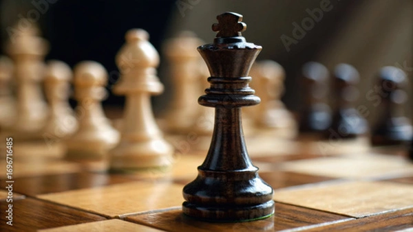 Fototapeta Chess, economic strategy and risk are highlighted because ai influences decision making, with black king chess piece in focus on wooden chessboard