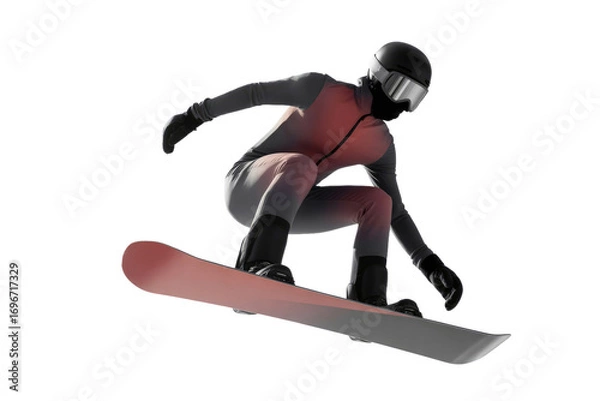 Fototapeta A high quality photograph of a single masked snowboarder isolated on a transparant or white background