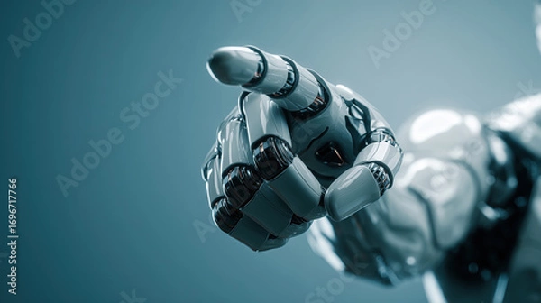 Fototapeta White metal android cyborg robot's hand pointing a finger toward the camera. Copy space for text. 