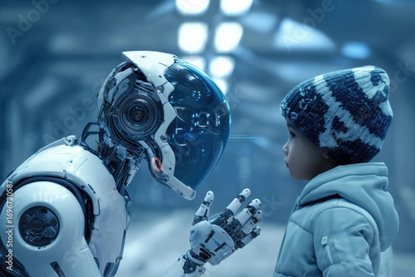 Fototapeta Android humanoid robot talking to a child. Concept of human - AI artificial intelligence technology interaction. 