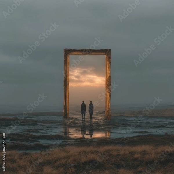 Fototapeta Surreal Golden Portal with Silhouettes of Two People in a Misty Landscape at Sunset, Reflecting Infinite Possibilities and Dreamlike Journeys
