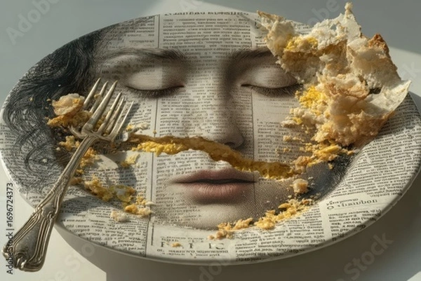 Fototapeta Intriguing Surreal Still Life of a Breakfast Setting with a Fornasetti Style Newspaper Plate Featuring a Classical Female Face, Scattered Food Crumbs, and a Fork – Evoking Themes of Consumption