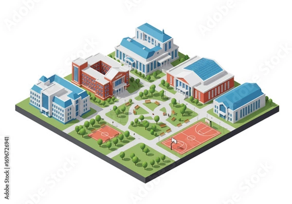 Fototapeta Isometric 3D illustration of a university campus with library, classrooms, green park, and basketball courts, symbolizing education, student life, sports, and academic learning in higher education